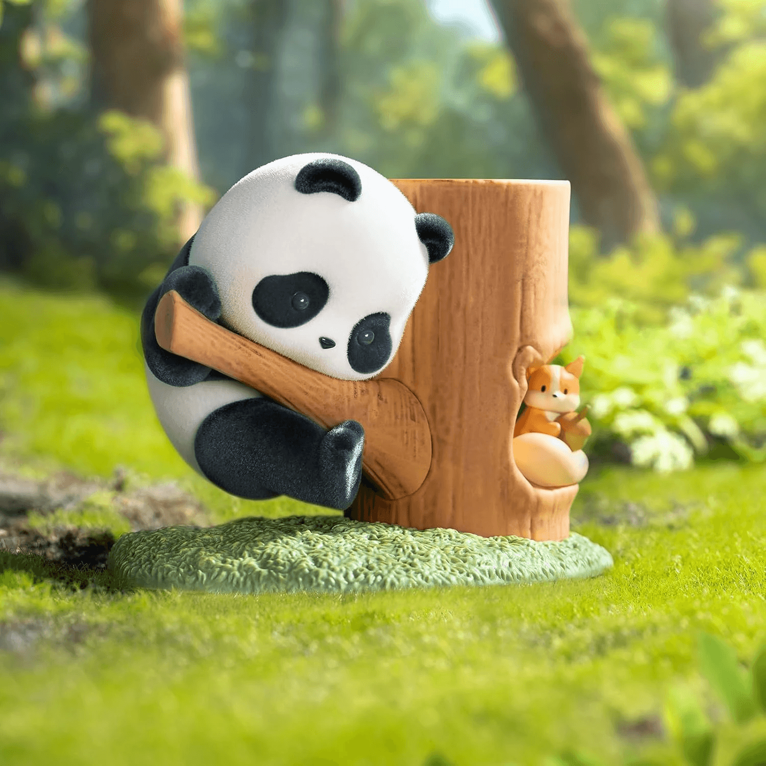 Секретная фигурка 'Новый сосед' из серии Panda Roll Fruit Tree Climbing Blind Box в виде панды и зверька у пенька